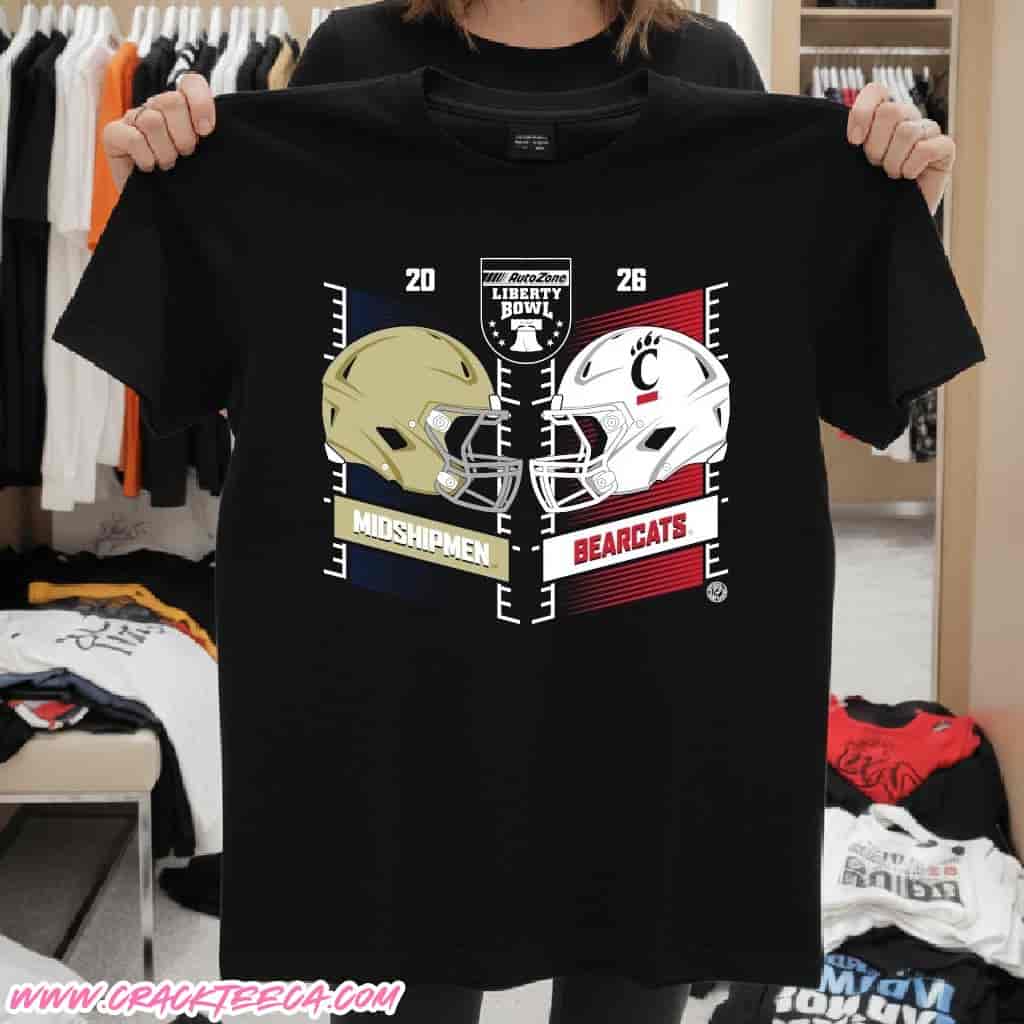 Navy Midshipmen Vs Cincinnati Bearcats 2025 Autozone Liberty Bowl Head To Head Helmet T-Shirt On Jan 2 Navy Midshipmen Vs Cincinnati Bearcats 2025 Autozone Liberty Bowl Head To Head Helmet T-Shirt On Jan 2