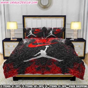 Nike Bedding Set Air Jordan Jumpman Grey Silhouette On Red Smoke Background