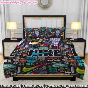 Nike Bedding Set Neon Sneaker And Logo Sticker Bomb Collage