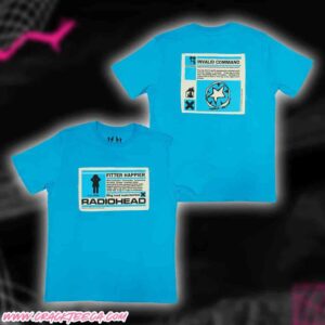 Radiohead Merchandise Fitter Happier Cyan Blue Patch T-Shirt