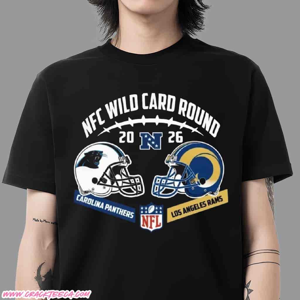 2026 NFC Wild Card Round Carolina Panthers Vs Los Angeles Rams Helmet Matchup T-Shirt 2026 NFC Wild Card Round Carolina Panthers Vs Los Angeles Rams Helmet Matchup T-Shirt