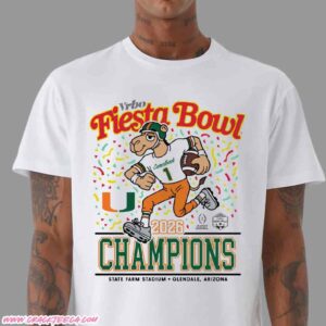 Miami Hurricanes 2026 Vrbo Fiesta Bowl Champions Mascot White Unisex T-Shirt